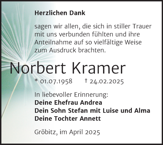 Traueranzeige von Norbert Kramer von Trauerkombi Weißenfels