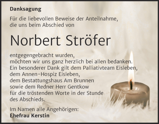 Traueranzeige von Norbert Ströfer von Trauerkombi Mansfelder Land