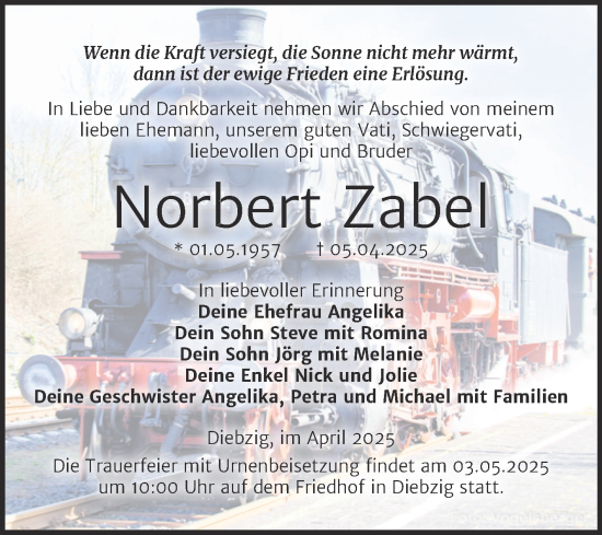 Traueranzeige von Norbert Zabel von Trauerkombi Köthen