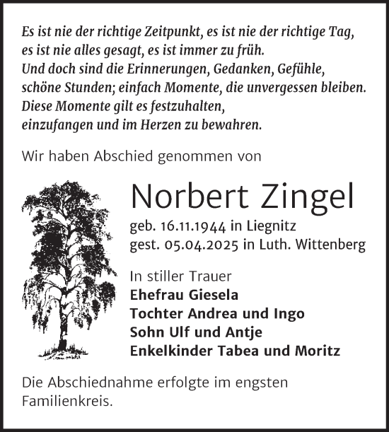 Traueranzeige von Norbert Zingel von Trauerkombi Wittenberg