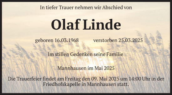 Traueranzeige von Olaf Linde von Volksstimme Haldensleben/Wolmirstedt