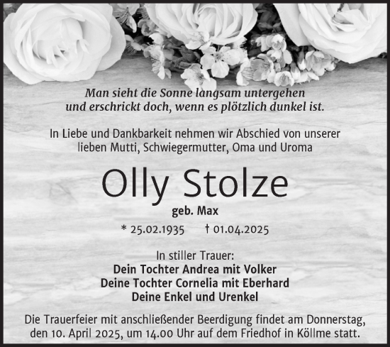 Traueranzeige von Olly Stolze von Mitteldeutsche Zeitung Halle/Saalkreis