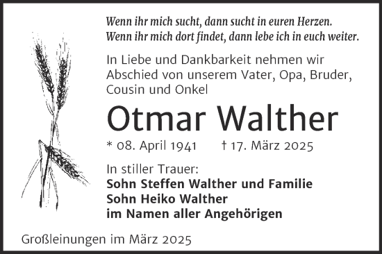 Traueranzeige von Otmar Walther von Trauerkombi Sangerhausen