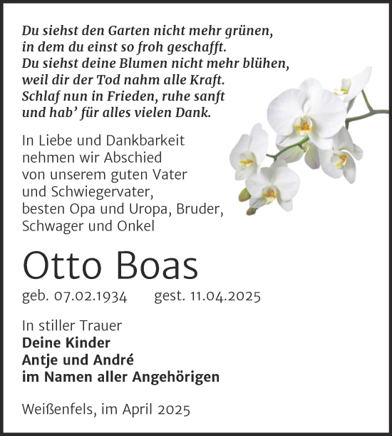 Traueranzeige von Otto Boas von Trauerkombi Weißenfels