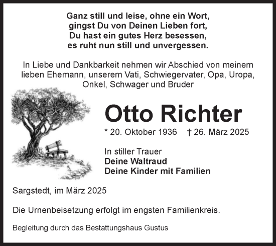 Traueranzeige von Otto Richter von Volksstimme Halberstadt
