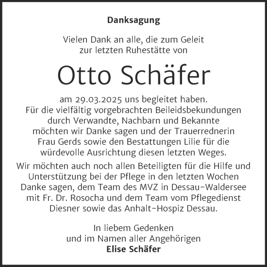 Traueranzeige von Otto Schäfer von Trauerkombi Dessau