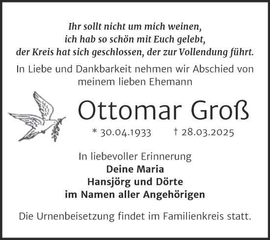 Traueranzeige von Ottomar Groß von Trauerkombi Wittenberg