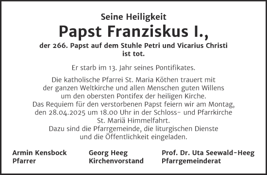 Traueranzeige von Papst Franziskus I.  von Mitteldeutsche Zeitung Köthen