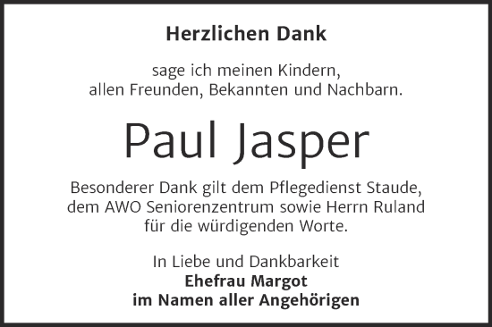 Traueranzeige von Paul Jasper von Trauerkombi Bernburg