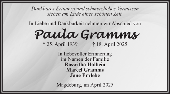 Traueranzeige von Paula Gramms von Volksstimme Magdeburg