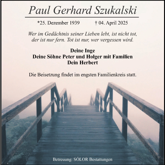 Traueranzeige von Paul Gerhard Szukalski von Volksstimme Magdeburg
