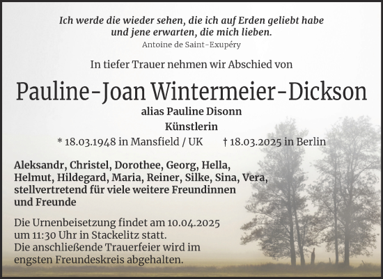 Traueranzeige von Pauline-Joan Wintermeier-Dickson von Trauerkombi Wittenberg