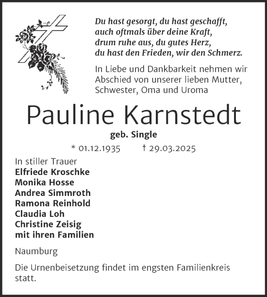 Traueranzeige von Pauline Karnstedt von Super Sonntag Naumburg/Nebra