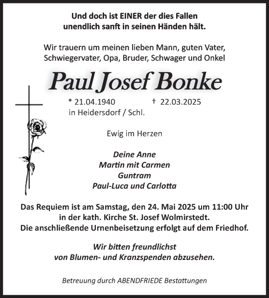 Traueranzeige von Paul Josef Bonke von Volksstimme Wernigerode