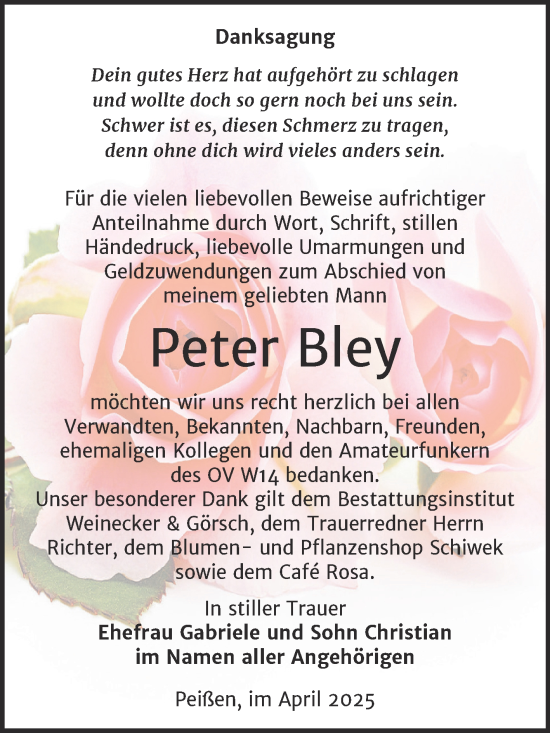 Traueranzeige von Peter Bley von Trauerkombi Bernburg