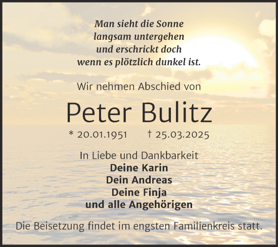 Traueranzeige von Peter Bulitz von Trauerkombi Bitterfeld