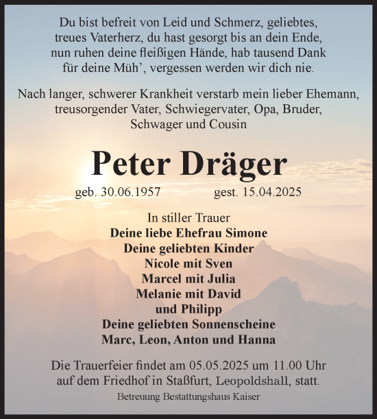 Traueranzeige von Peter Dräger von Volksstimme Staßfurt