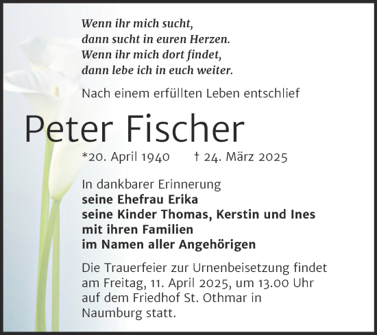 Traueranzeige von Peter Fischer von Super Sonntag Naumburg/Nebra