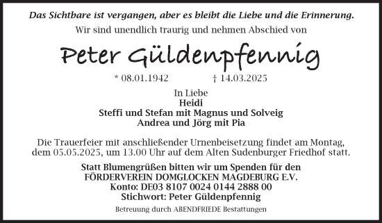 Traueranzeige von Peter Güldenpfennig von Volksstimme Magdeburg