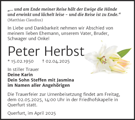 Traueranzeige von Peter Herbst von Trauerkombi Merseburg