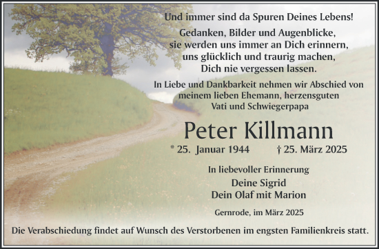 Traueranzeige von Peter Killmann von Trauerkombi Quedlinburg