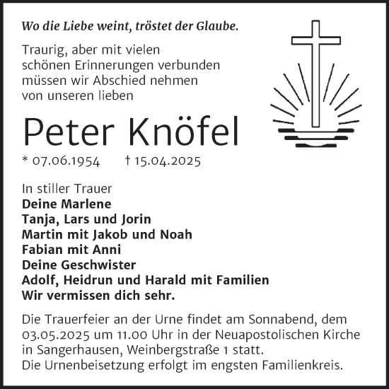 Traueranzeige von Peter Knöfel von Trauerkombi Sangerhausen