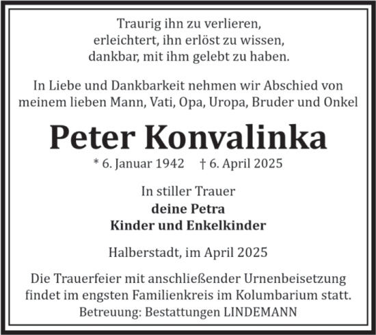 Traueranzeige von Peter Konvalinka von Volksstimme Halberstadt