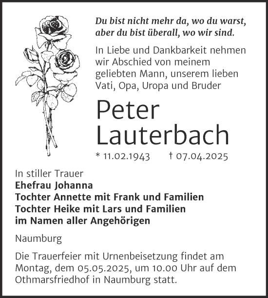 Traueranzeige von Peter Lauterbach von Naumburger Tageblatt