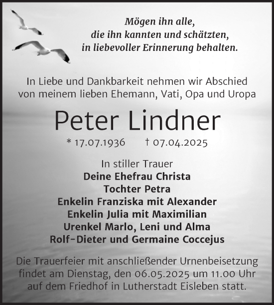 Traueranzeige von Peter Lindner von Trauerkombi Mansfelder Land