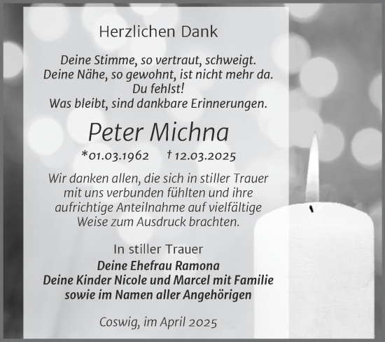 Traueranzeige von Peter Michna von Trauerkombi Wittenberg