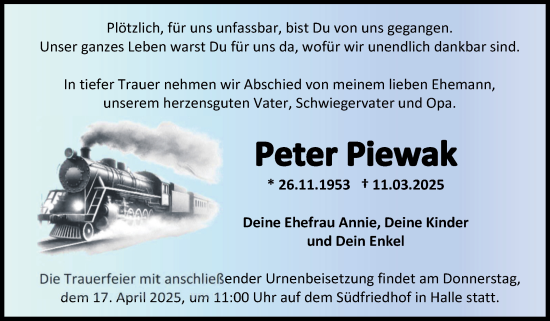 Traueranzeige von Peter Piewak von Mitteldeutsche Zeitung Halle/Saalkreis
