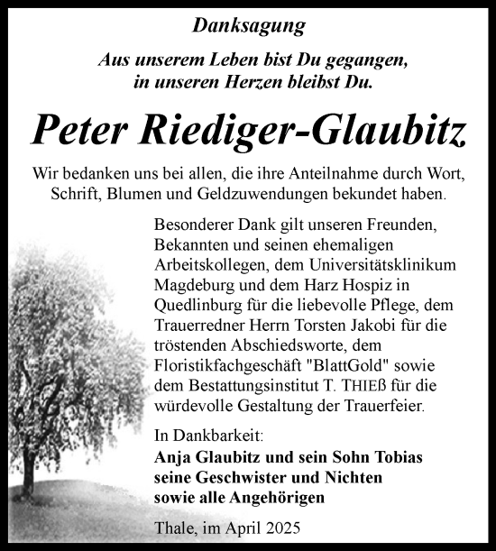 Traueranzeige von Peter Riediger-Glaubitz von Trauerkombi Quedlinburg