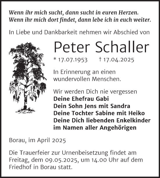 Traueranzeige von Peter Schaller von Trauerkombi Weißenfels