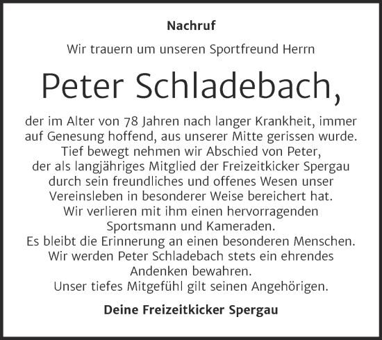 Traueranzeige von Peter Schladebach von Trauerkombi Merseburg