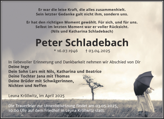 Traueranzeige von Peter Schladebach von Trauerkombi Merseburg