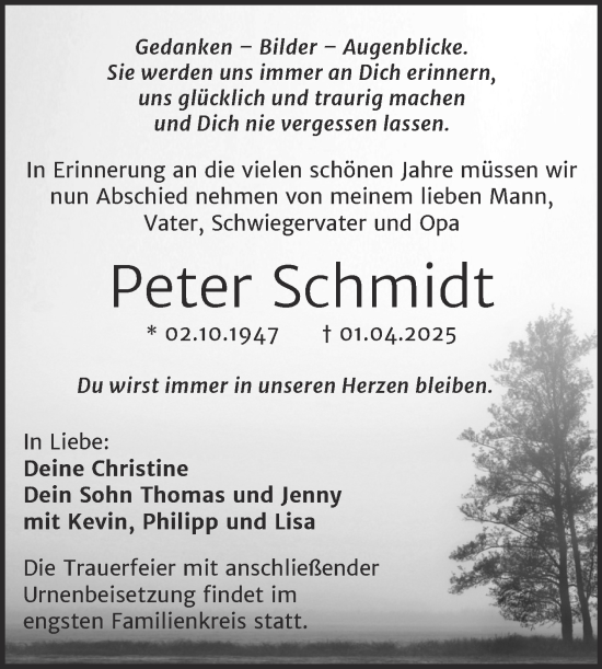 Traueranzeige von Peter Schmidt von Trauerkombi Quedlinburg
