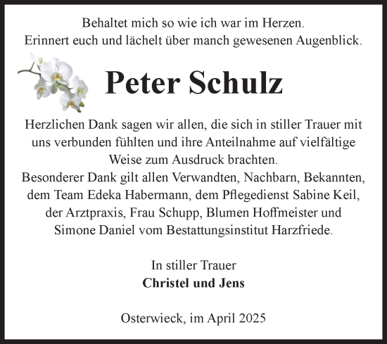Traueranzeige von Peter Schulz von Volksstimme Halberstadt