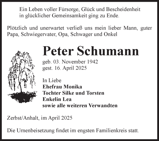 Traueranzeige von Peter Schumann von Volksstimme Zerbst