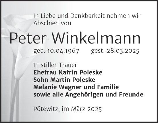 Traueranzeige von Peter Winkelmann von Trauerkombi Zeitz