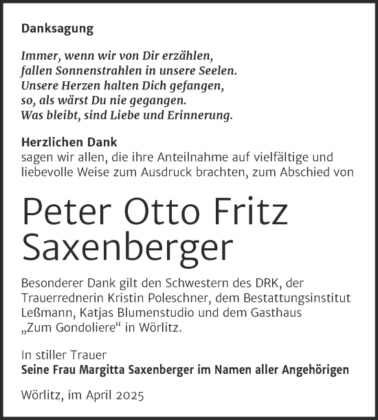 Traueranzeige von Peter Otto Fritz Saxenberger von Trauerkombi Wittenberg
