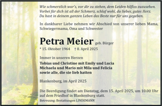 Traueranzeige von Petra Meier von Volksstimme Wernigerode