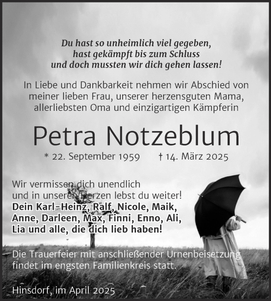 Traueranzeige von Petra Notzeblum von Trauerkombi Köthen