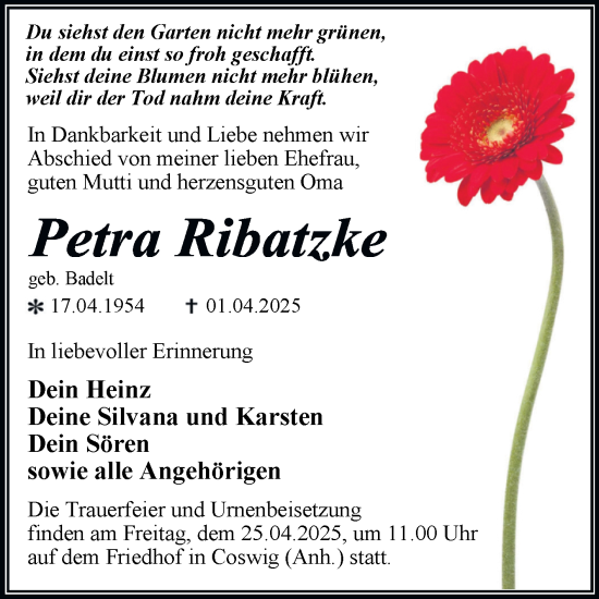 Traueranzeige von Petra Ribatzke von Trauerkombi Wittenberg