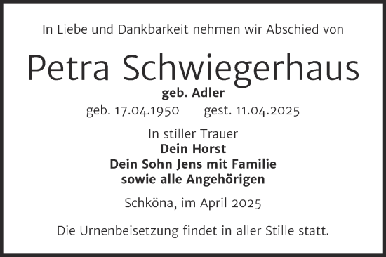 Traueranzeige von Petra Schwiegerhaus von Trauerkombi Wittenberg