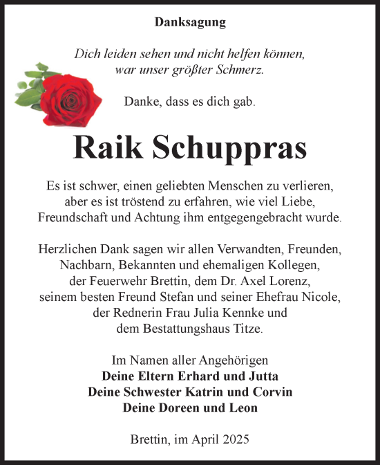 Traueranzeige von Raik Schuppras von Volksstimme Burg/Genthin