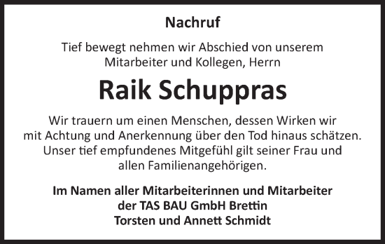 Traueranzeige von Raik Schuppras von Volksstimme Burg/Genthin