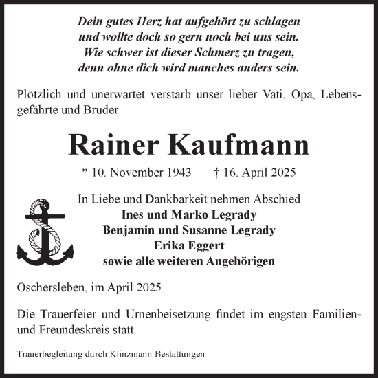 Traueranzeige von Rainer Kaufmann von Volksstimme Oschersleben/Wanzleben