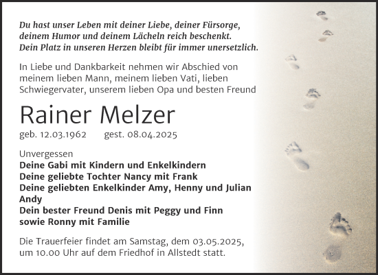 Traueranzeige von Rainer Melzer von Trauerkombi Sangerhausen