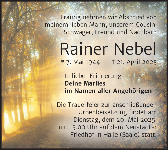 Traueranzeige von Rainer Nebel von Mitteldeutsche Zeitung Halle/Saalkreis