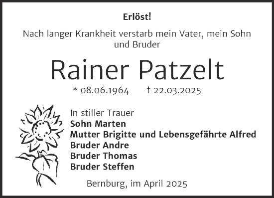 Traueranzeige von Rainer Patzelt von Trauerkombi Bernburg